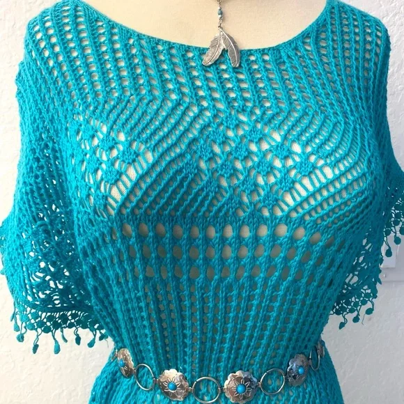 Teal Crochet Swim Cover-Up Size Medium - Picture 3 of 9